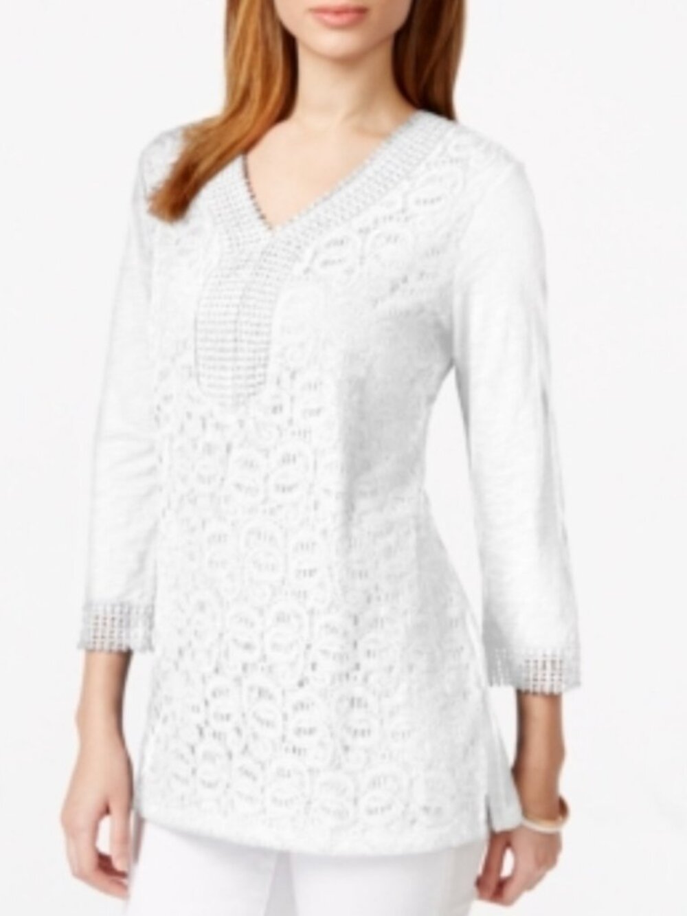 JM Collection Petite White Lace Front Cotton Tunic